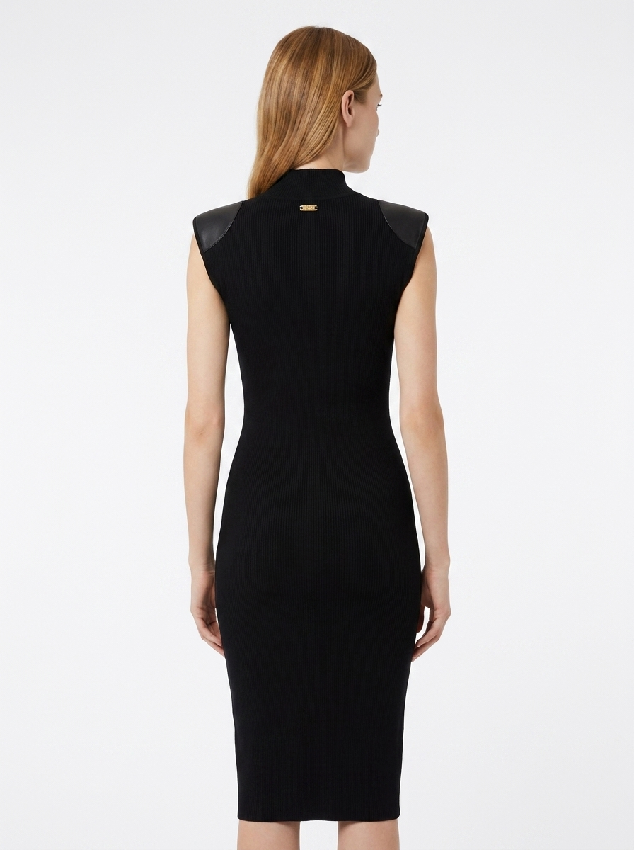 LadyLuxury | Architectural Neo-Noir Midi Bodycon Dress with Faux-Leather Accents