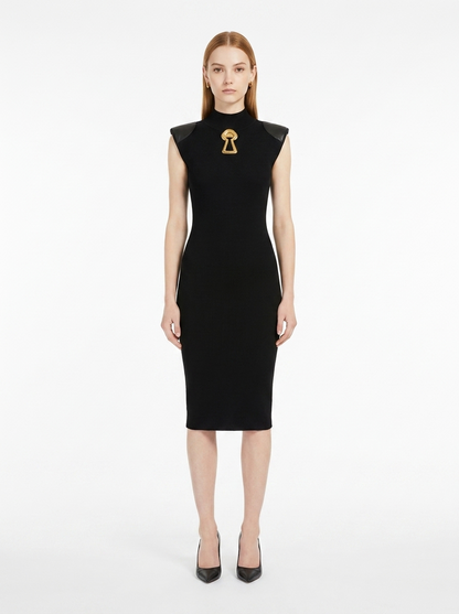 LadyLuxury | Architectural Neo-Noir Midi Bodycon Dress with Faux-Leather Accents