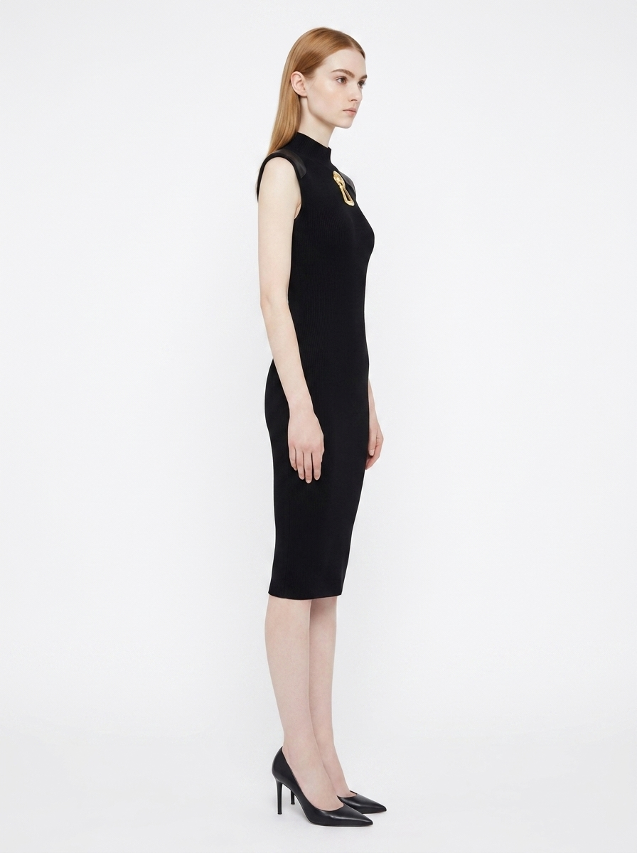 LadyLuxury | Architectural Neo-Noir Midi Bodycon Dress with Faux-Leather Accents