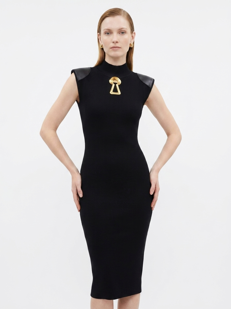 LadyLuxury | Architectural Neo-Noir Midi Bodycon Dress with Faux-Leather Accents