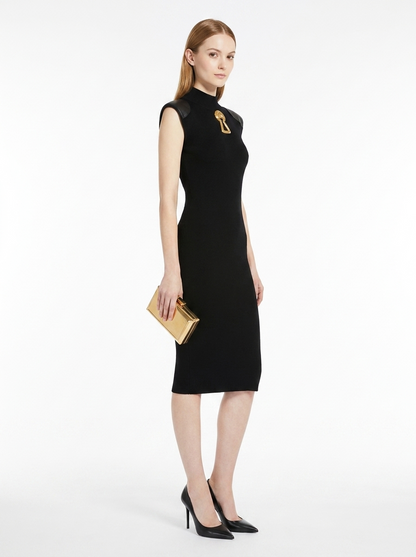 LadyLuxury | Architectural Neo-Noir Midi Bodycon Dress with Faux-Leather Accents
