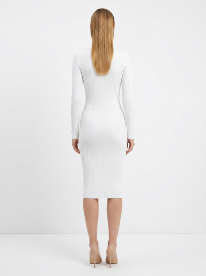 LadyLuxury | Parisian Knit Midi Dress - Elegant Ribbed Bodycon with Gold Button Detail