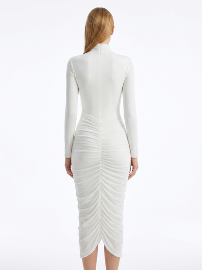 LadyLuxury | Modernist Ruched Midi Dress - High Neck Sculptural White Dress