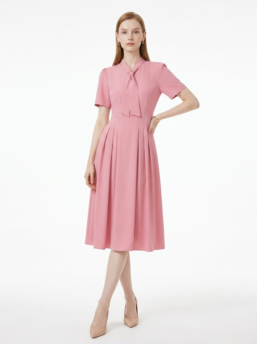 LadyLuxury | Elegant V-Neck Midi Dress with Bow Detail – Modern Romantic Summer Party A-Line Dress