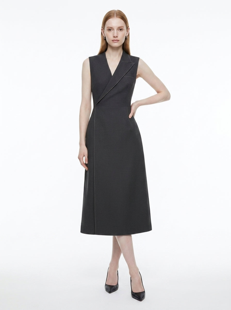 LadyLuxury | Asymmetrical Tailored Midi Dress - Structured Sleeveless A-Line Dress