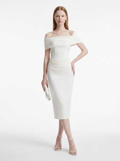 LadyLuxury | White Crepe Off-The-Shoulder Column Midi Dress