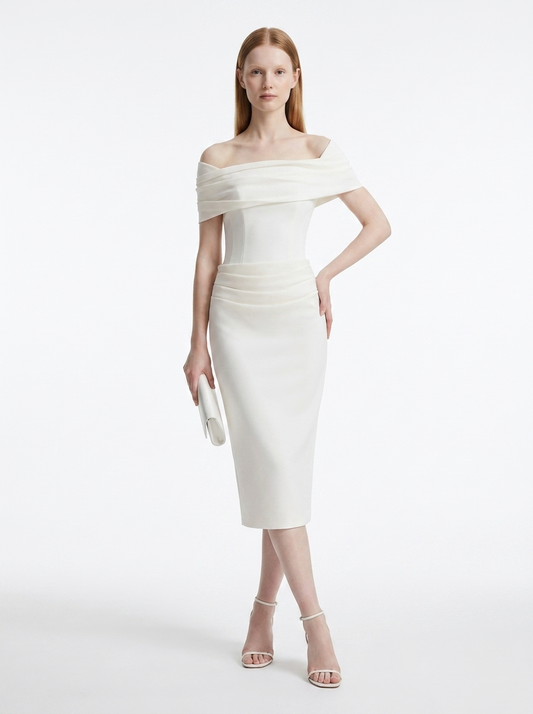 LadyLuxury | White Crepe Off-The-Shoulder Column Midi Dress