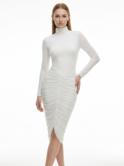 LadyLuxury | Modernist Ruched Midi Dress - High Neck Sculptural White Dress
