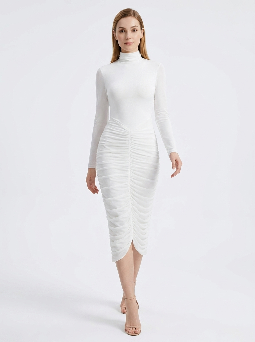 LadyLuxury | Modernist Ruched Midi Dress - High Neck Sculptural White Dress