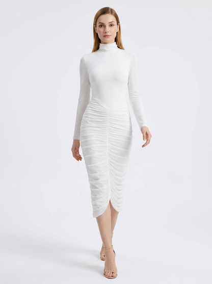 LadyLuxury | Modernist Ruched Midi Dress - High Neck Sculptural White Dress