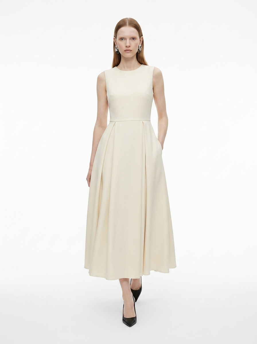 LadyLuxury | Sculptural Pleated Sleeveless A-Line Midi Dress