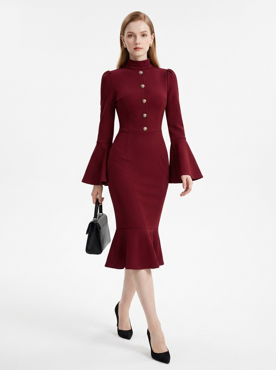 LadyLuxury | Bell Sleeve Mermaid Midi Dress - Elegant Victorian Wine Red