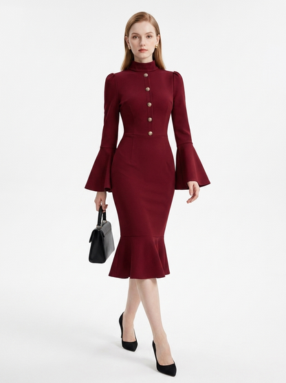 LadyLuxury | Bell Sleeve Mermaid Midi Dress - Elegant Victorian Wine Red