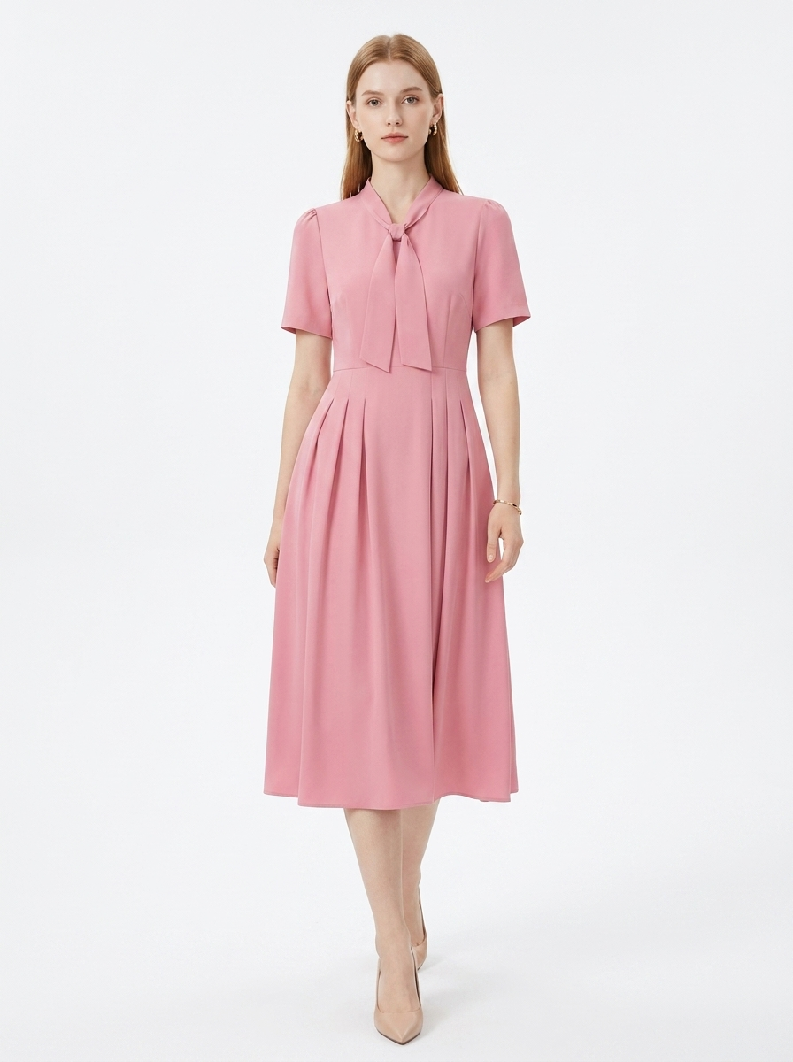 LadyLuxury | Elegant V-Neck Midi Dress with Bow Detail – Modern Romantic Summer Party A-Line Dress