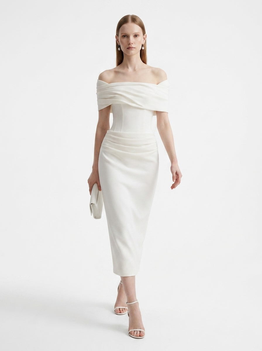 LadyLuxury | White Crepe Off-The-Shoulder Column Midi Dress