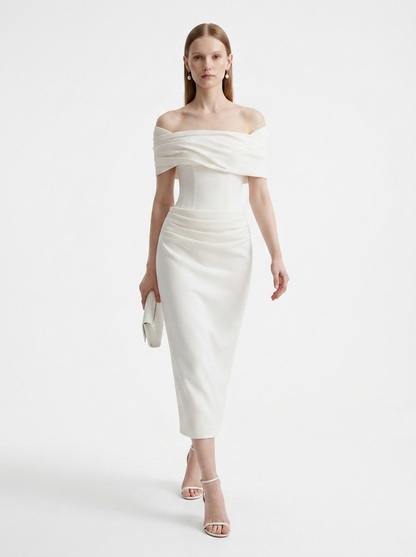 LadyLuxury | White Crepe Off-The-Shoulder Column Midi Dress