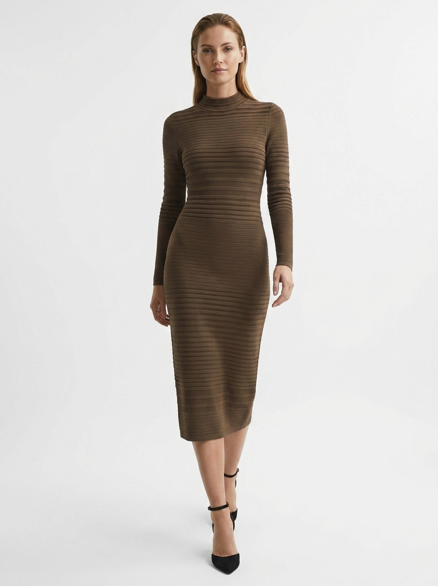 LadyLuxury | Ribbed Knit Bodycon Midi Dress - Minimalist Long Sleeve Tunic