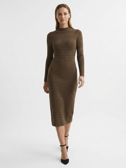 LadyLuxury | Ribbed Knit Bodycon Midi Dress - Minimalist Long Sleeve Tunic