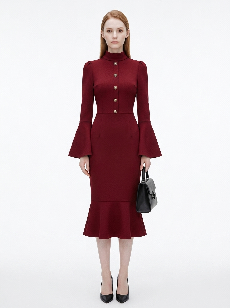 LadyLuxury | Bell Sleeve Mermaid Midi Dress - Elegant Victorian Wine Red