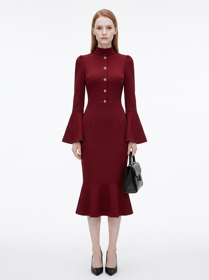 LadyLuxury | Bell Sleeve Mermaid Midi Dress - Elegant Victorian Wine Red