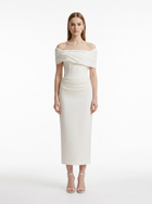 LadyLuxury | White Crepe Off-The-Shoulder Column Midi Dress