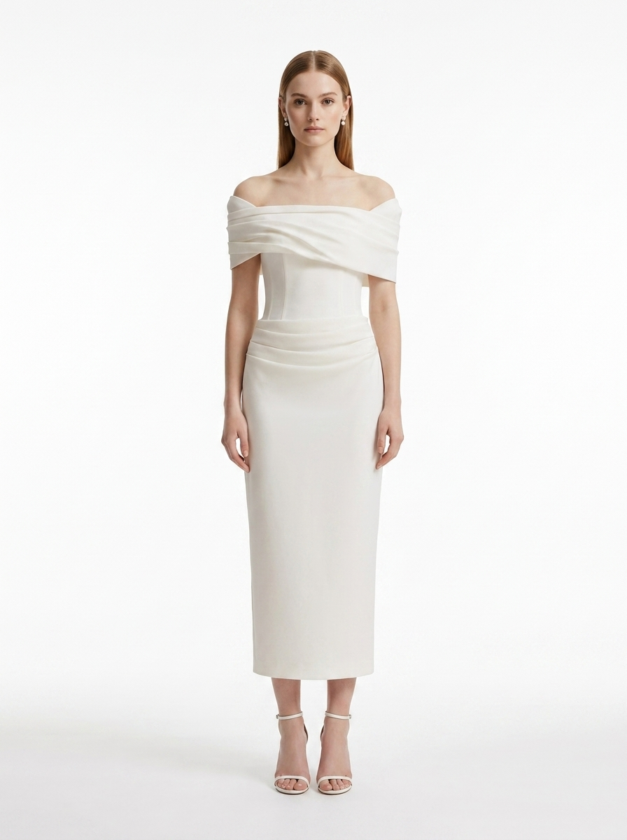 LadyLuxury | White Crepe Off-The-Shoulder Column Midi Dress