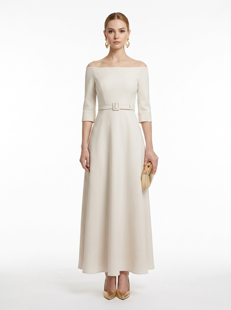 LadyLuxury | Elegant High-Waist A-Line Maxi Dress - Long Sleeve Crew Neck