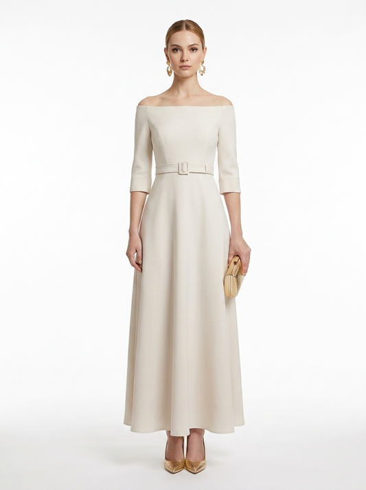 LadyLuxury | Elegant High-Waist A-Line Maxi Dress - Long Sleeve Crew Neck