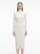 LadyLuxury | Modernist Ruched Midi Dress - High Neck Sculptural White Dress