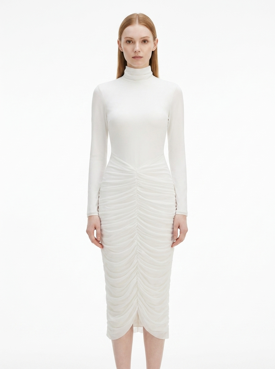 LadyLuxury | Modernist Ruched Midi Dress - High Neck Sculptural White Dress