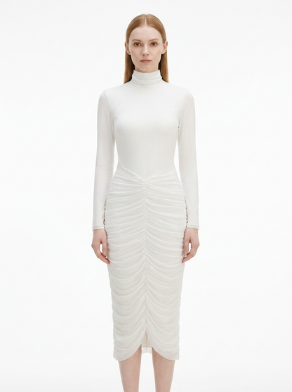 LadyLuxury | Modernist Ruched Midi Dress - High Neck Sculptural White Dress