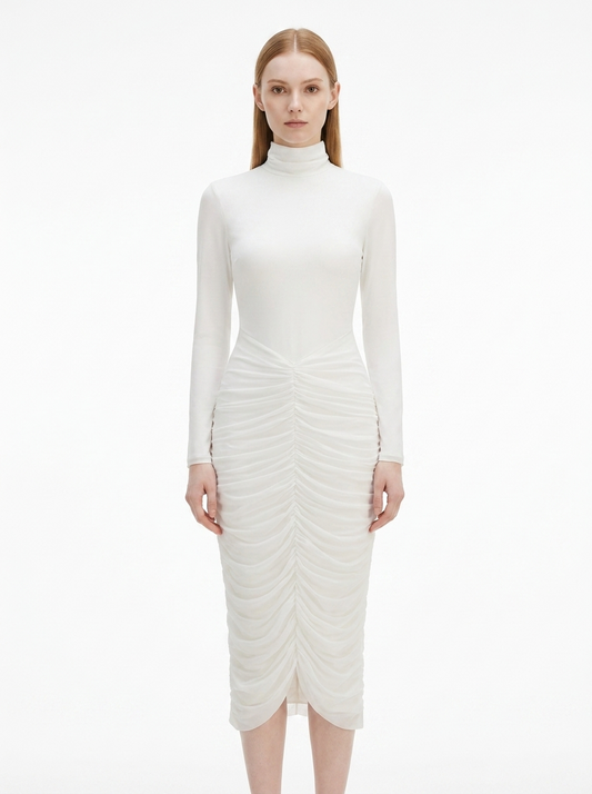 LadyLuxury | Modernist Ruched Midi Dress - High Neck Sculptural White Dress