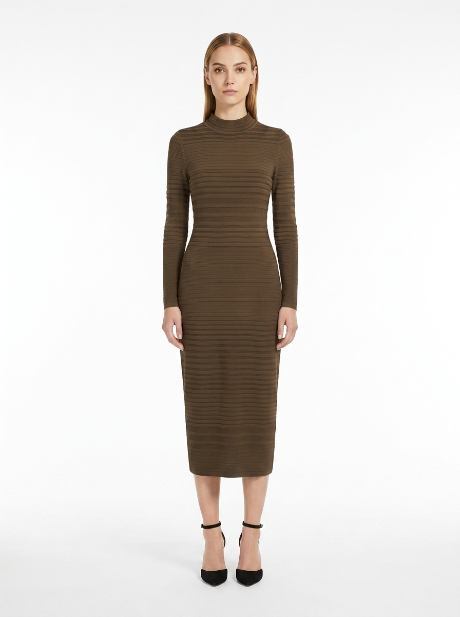 LadyLuxury | Ribbed Knit Bodycon Midi Dress - Minimalist Long Sleeve Tunic