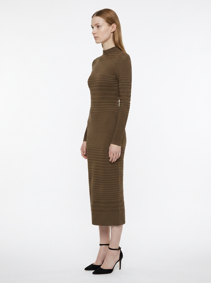 LadyLuxury | Ribbed Knit Bodycon Midi Dress - Minimalist Long Sleeve Tunic