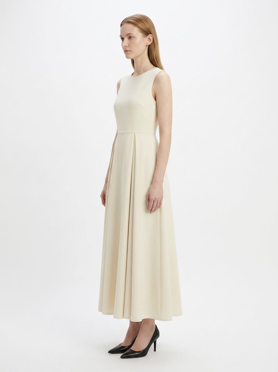 LadyLuxury | Sculptural Pleated Sleeveless A-Line Midi Dress