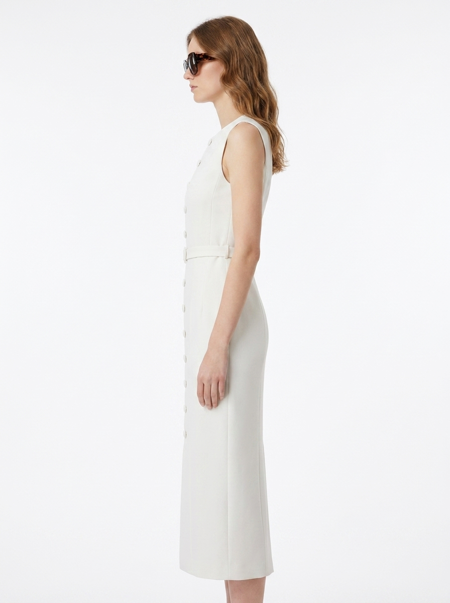LadyLuxury | Elegant Sleeveless Belted Midi Dress - Single-Breasted Tailored Fit