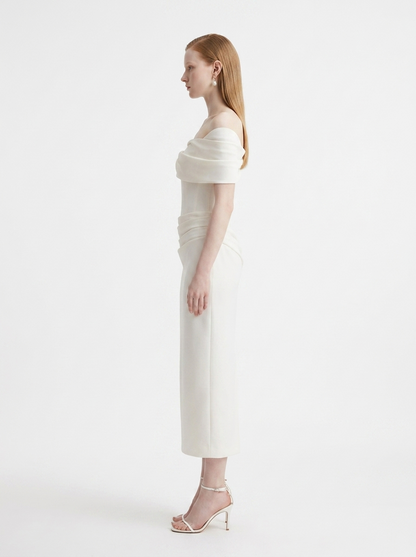 LadyLuxury | White Crepe Off-The-Shoulder Column Midi Dress