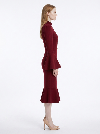 LadyLuxury | Bell Sleeve Mermaid Midi Dress - Elegant Victorian Wine Red