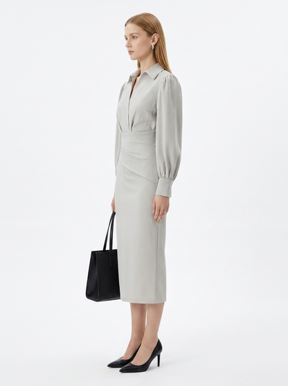 LadyLuxury | Modern Minimalist V-Neck Midi Dress - Elegant Cinched Waist Office Gown