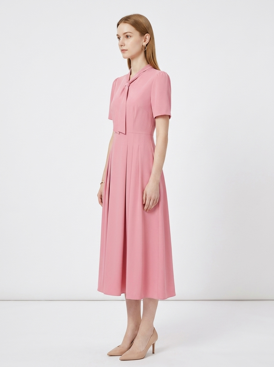 LadyLuxury | Elegant V-Neck Midi Dress with Bow Detail – Modern Romantic Summer Party A-Line Dress