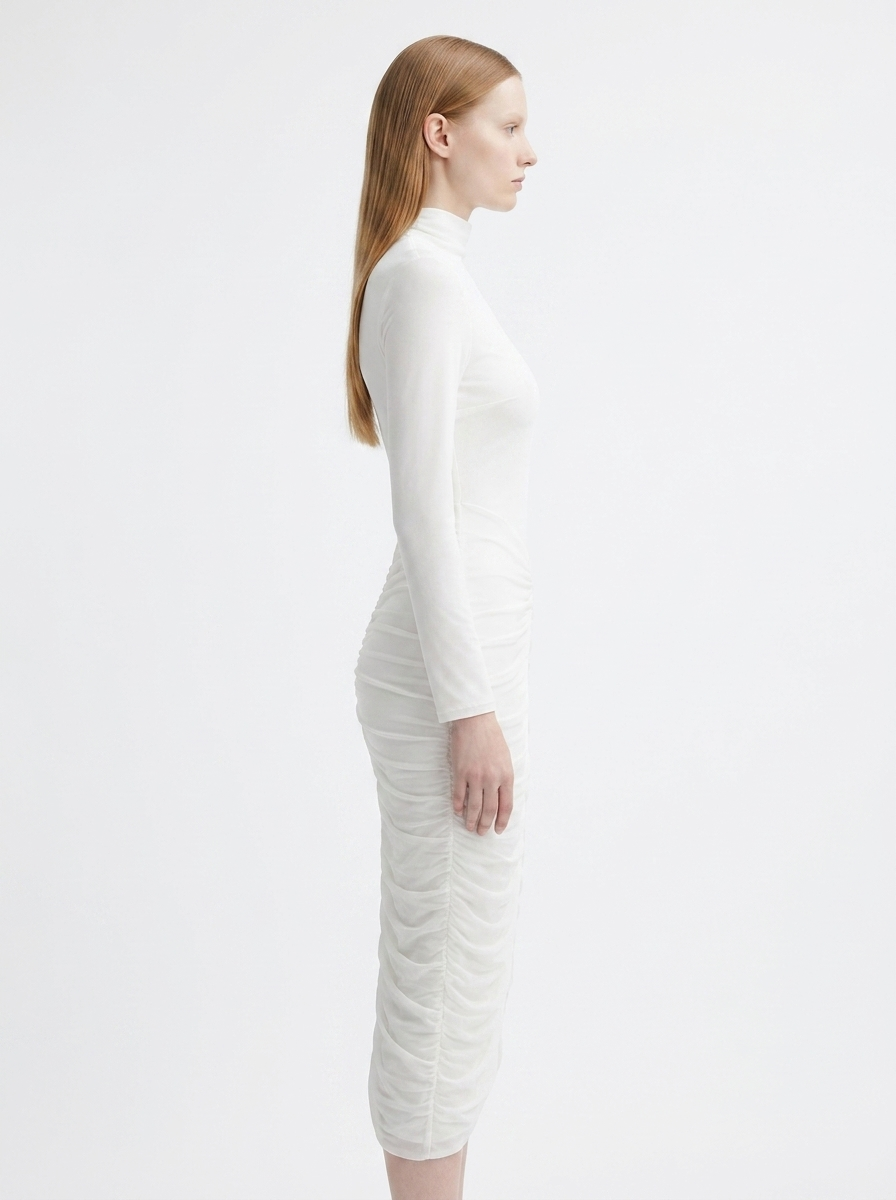 LadyLuxury | Modernist Ruched Midi Dress - High Neck Sculptural White Dress