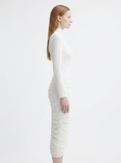 LadyLuxury | Modernist Ruched Midi Dress - High Neck Sculptural White Dress