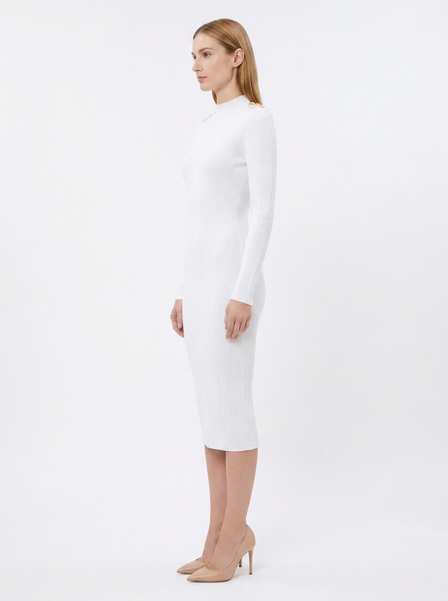 LadyLuxury | Parisian Knit Midi Dress - Elegant Ribbed Bodycon with Gold Button Detail