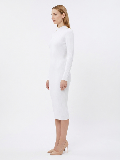 LadyLuxury | Parisian Knit Midi Dress - Elegant Ribbed Bodycon with Gold Button Detail