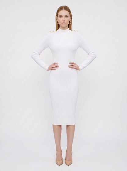 LadyLuxury | Parisian Knit Midi Dress - Elegant Ribbed Bodycon with Gold Button Detail
