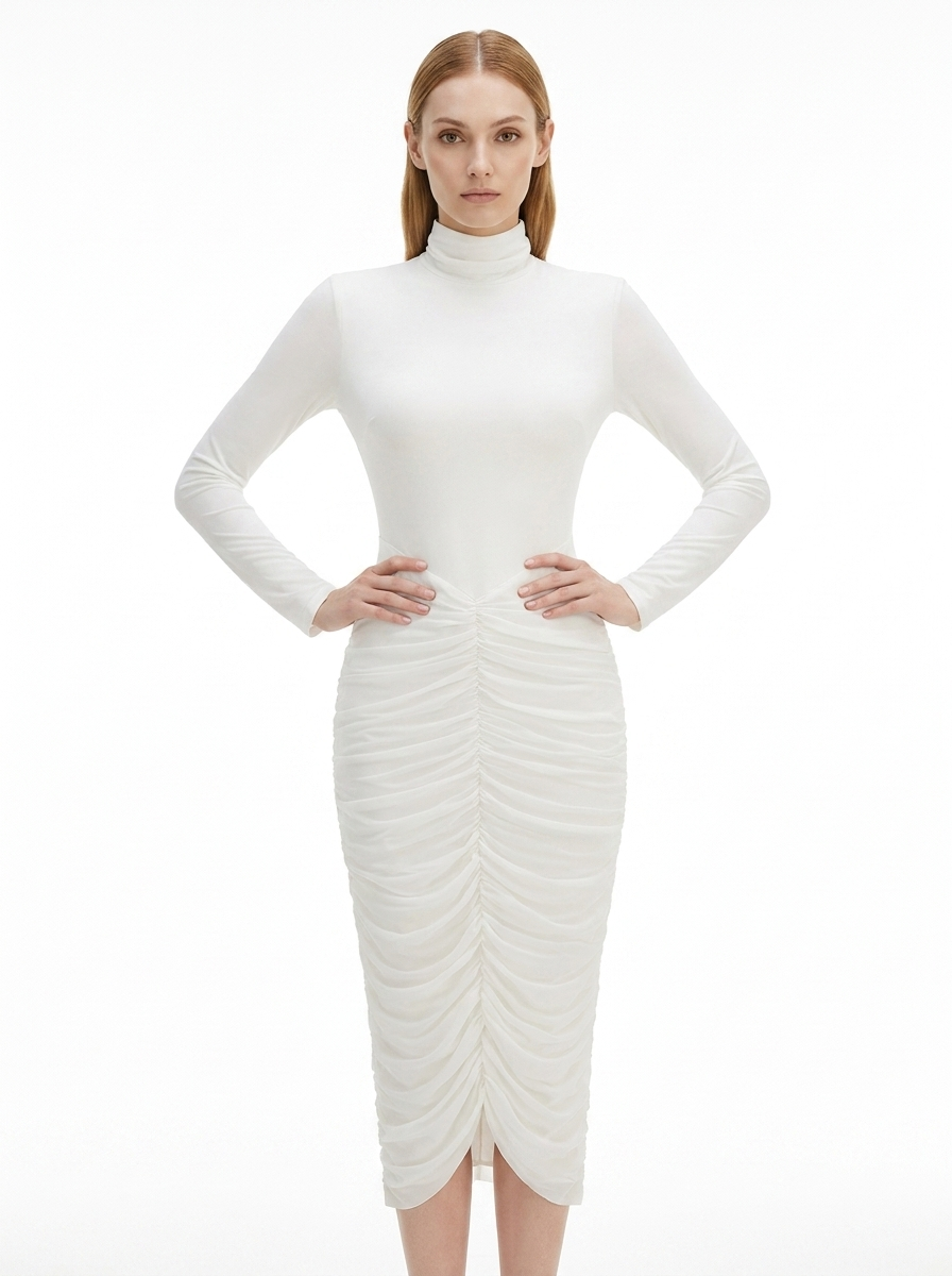 LadyLuxury | Modernist Ruched Midi Dress - High Neck Sculptural White Dress