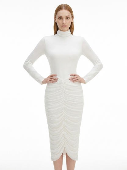 LadyLuxury | Modernist Ruched Midi Dress - High Neck Sculptural White Dress