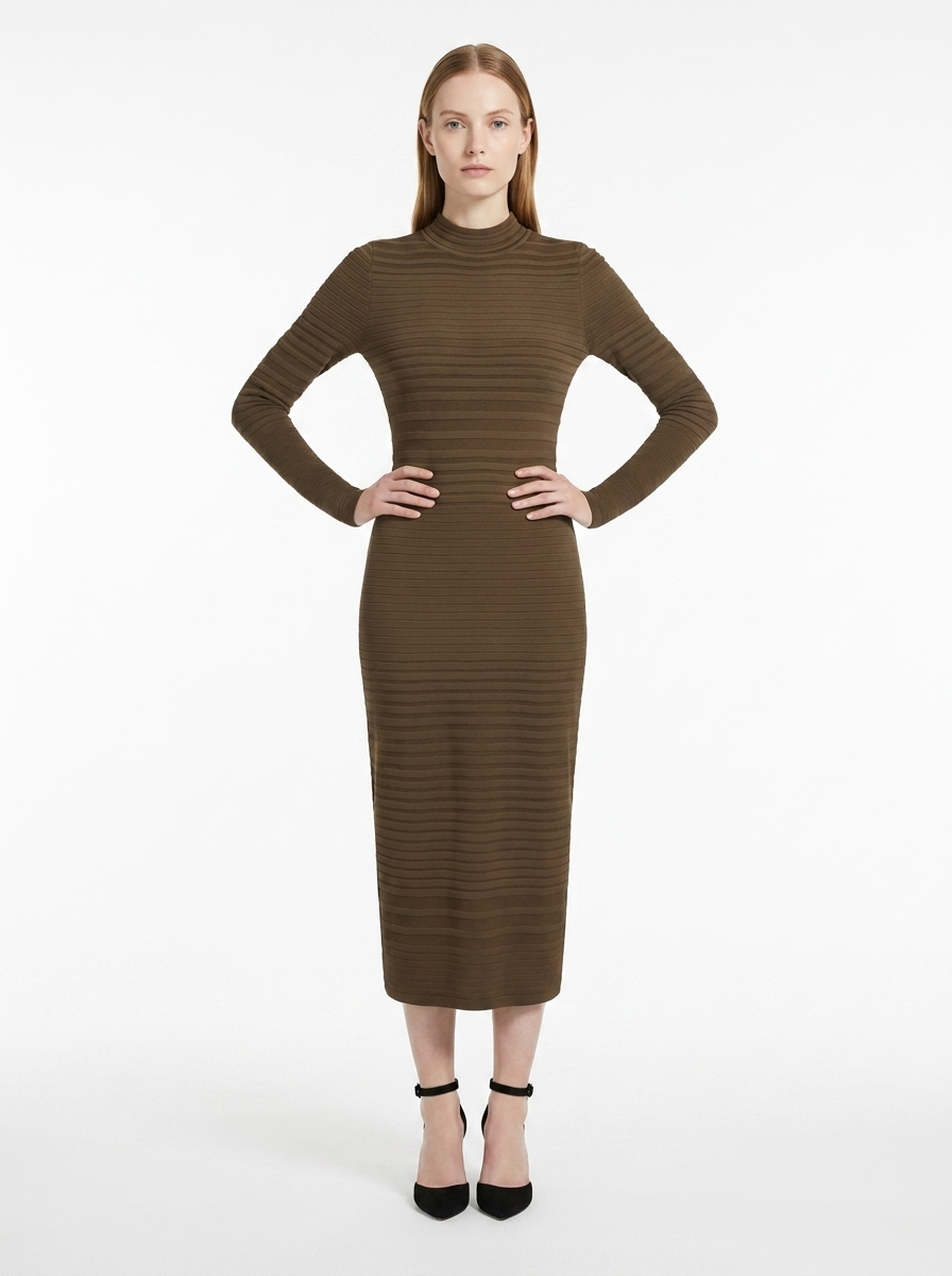 LadyLuxury | Ribbed Knit Bodycon Midi Dress - Minimalist Long Sleeve Tunic