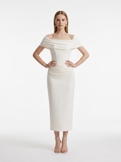 LadyLuxury | White Crepe Off-The-Shoulder Column Midi Dress