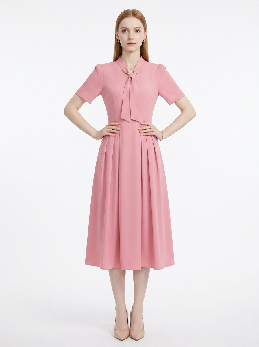 LadyLuxury | Elegant V-Neck Midi Dress with Bow Detail – Modern Romantic Summer Party A-Line Dress